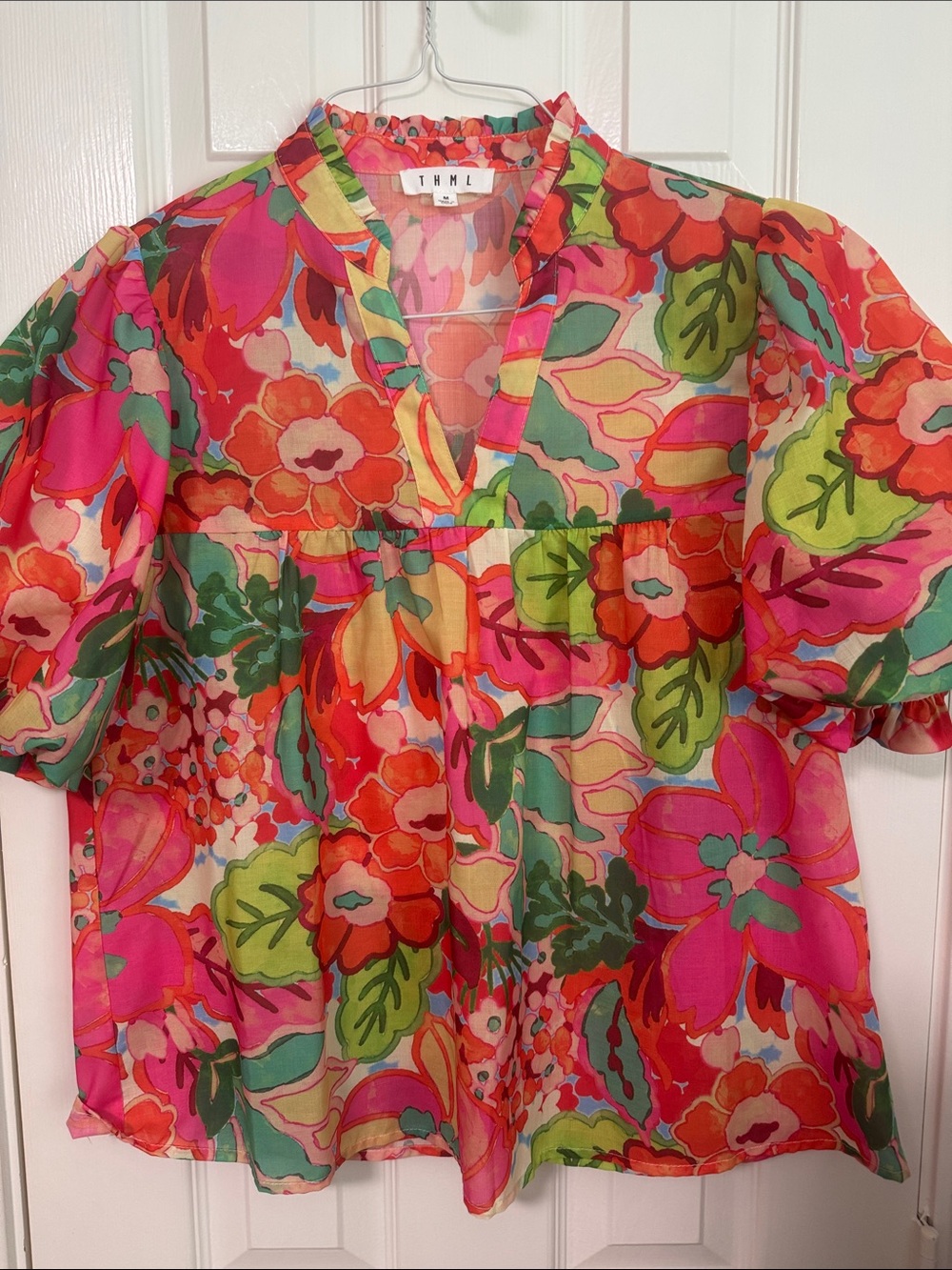 THML Vibrant Pink Multi Floral V-Neck Puff Sleeve Blouse
